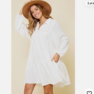 Ces Femme Johnny Collar Balloon Sleeve Gauzy Cotton Mini Dress in White